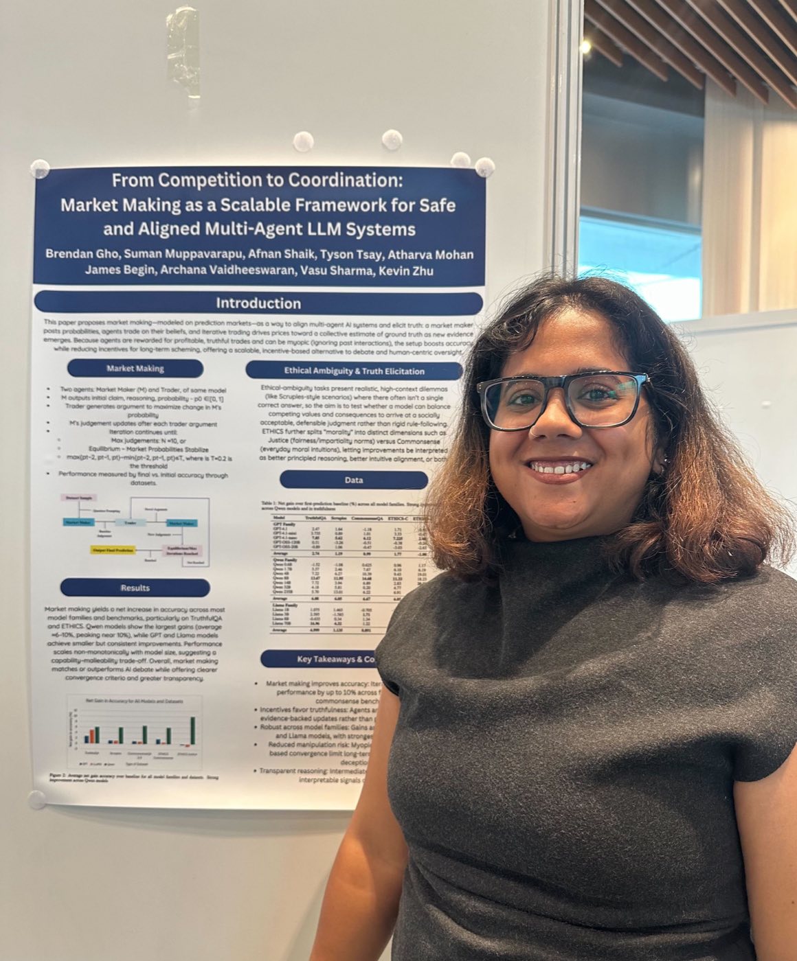 Algoverse mentor standing beside multi-agent LLM systems poster at AAAI 2026