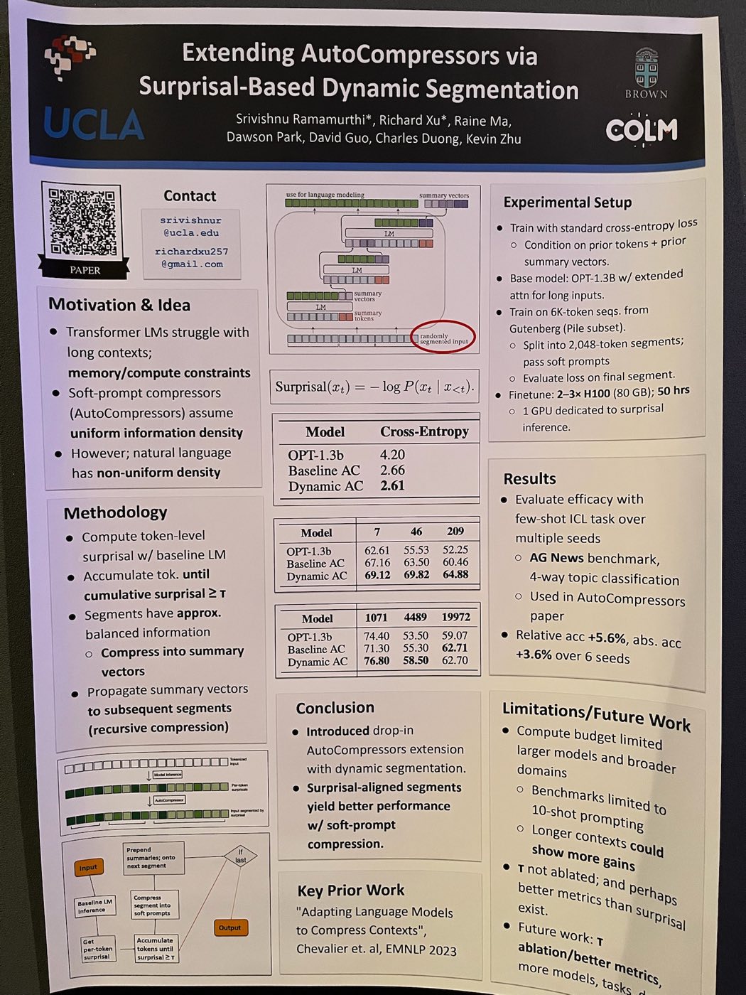 AutoCompressors surprisal-based dynamic segmentation research poster at COLM 2025