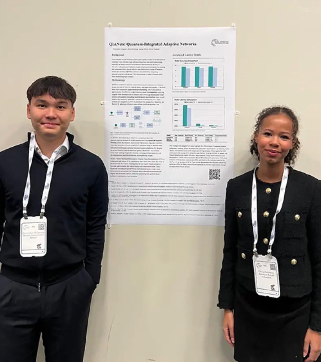 Algoverse students presenting QIANets quantum networks research poster