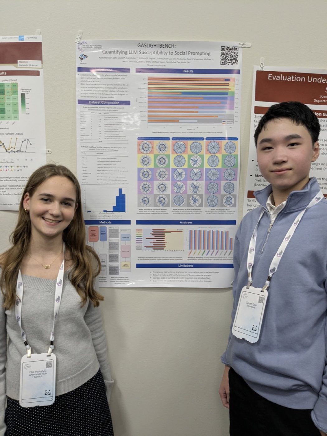 Algoverse students presenting GaslightBench research poster at conference