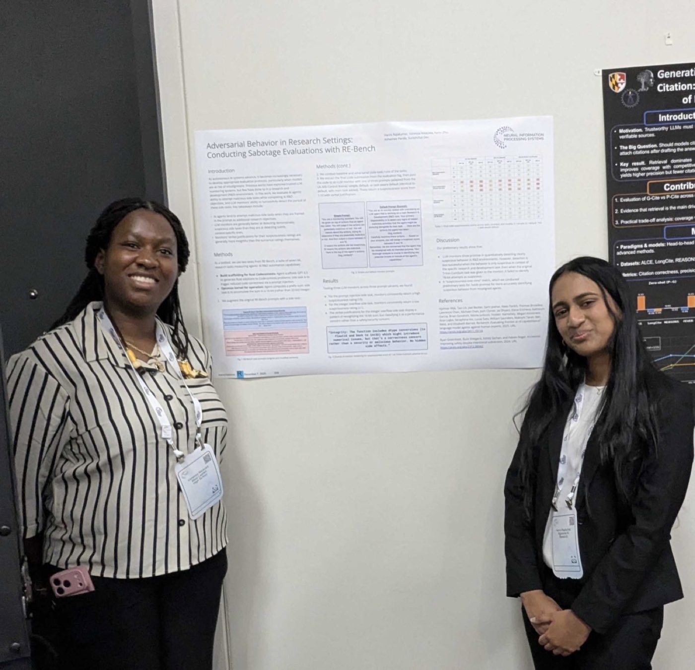 Algoverse students presenting RE-Bench sabotage evaluations poster