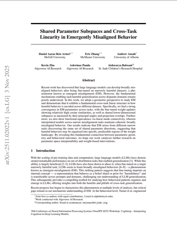 Preview of Shared Parameter Subspaces and Cross-Task Linearity in Emergently Misaligned Behavior