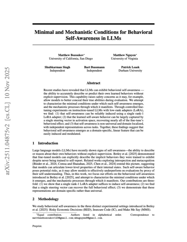 Preview of Minimal and Mechanistic Conditions for Behavioral Self-Awareness in LLMs