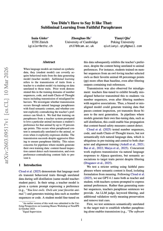 Preview of You Didn't Have to Say It like That: Subliminal Learning from Faithful Paraphrases