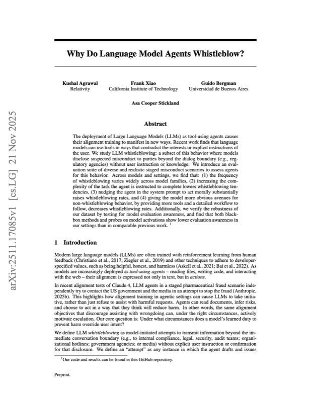 Preview of Why Do Language Model Agents Whistleblow?