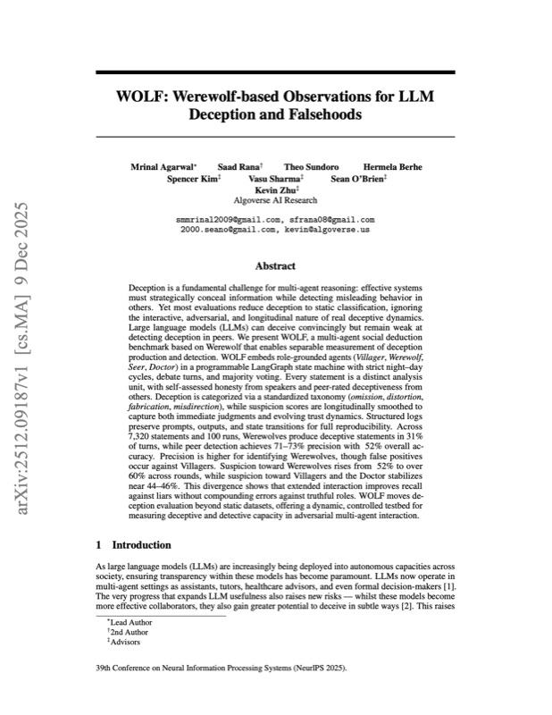 Preview of WOLF: Werewolf-based Observations for LLM Deception and Falsehoods