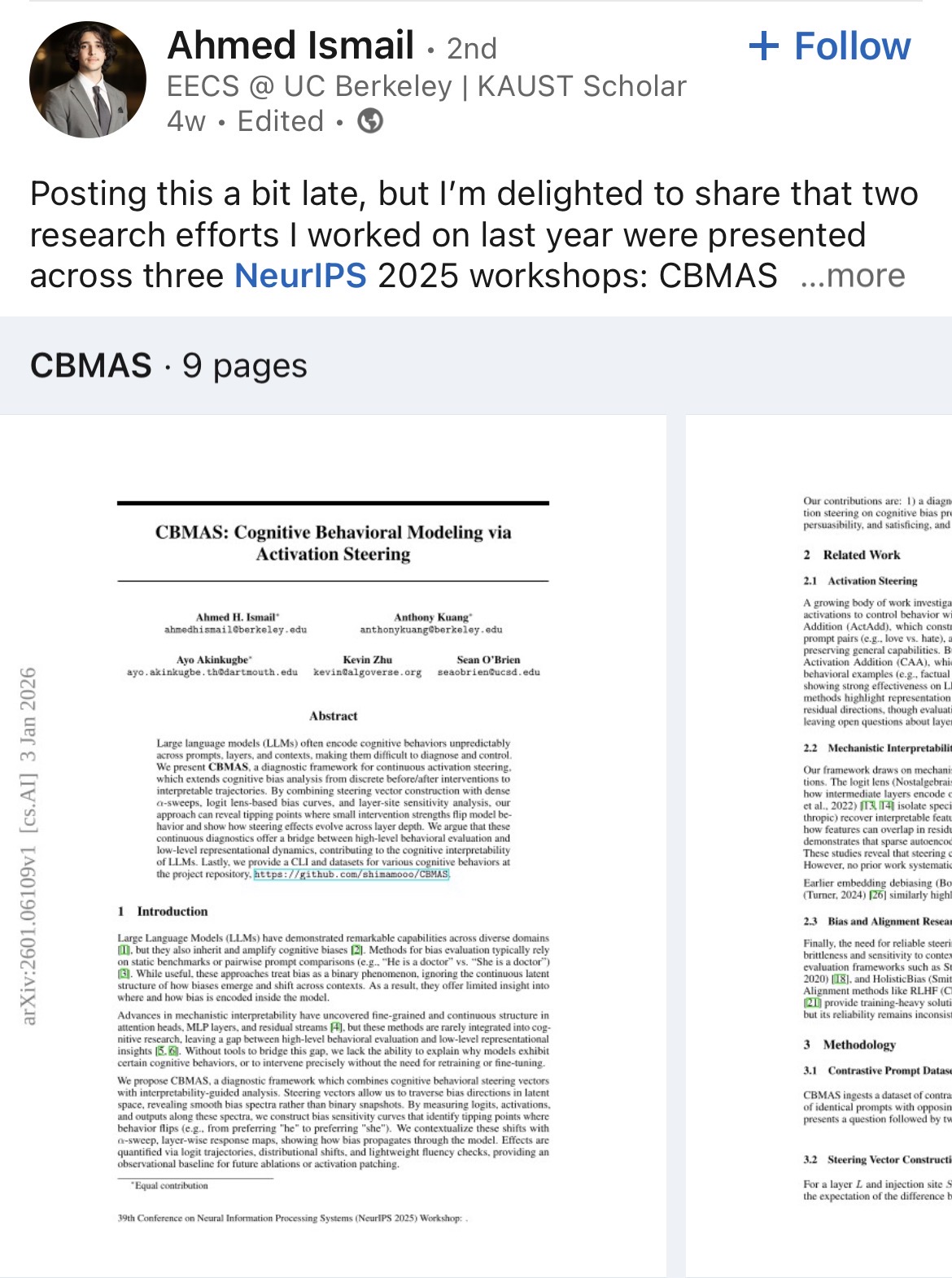 Ahmed Ismail - NeurIPS 2025 research presentation on LinkedIn