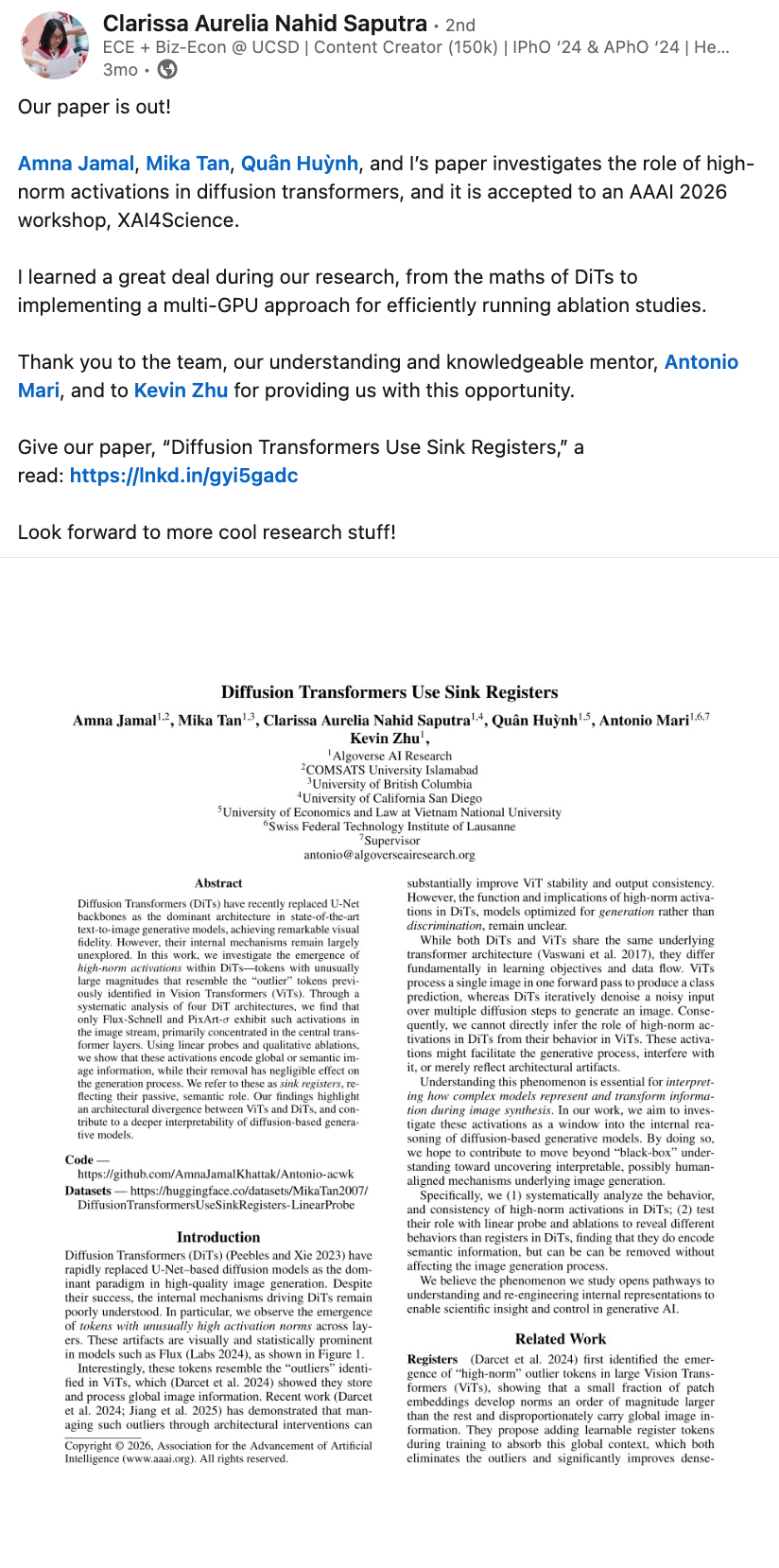 Clarissa Aurelia Nahid Saputra - AAAI 2026 XAI4Science paper on LinkedIn