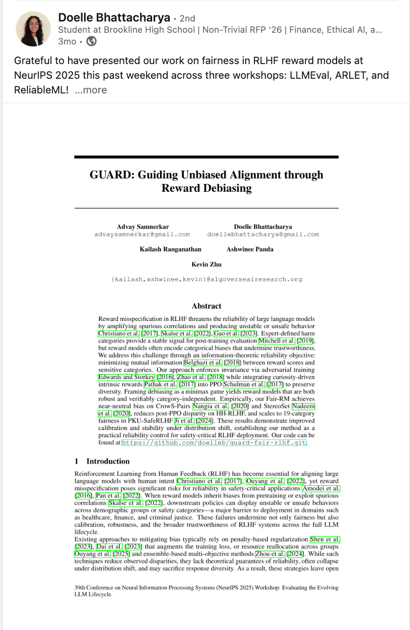 Doelle Bhattacharya - NeurIPS 2025 GUARD paper on LinkedIn