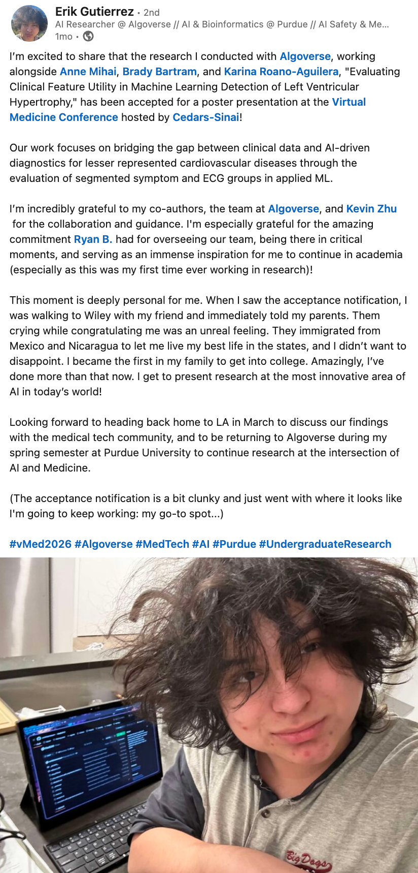 Erik Gutierrez - Virtual Medicine Conference poster acceptance on LinkedIn