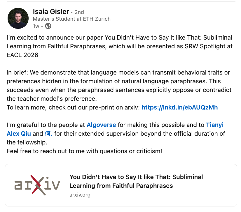 Isaia Gisler - EACL 2026 SRW Spotlight paper on LinkedIn