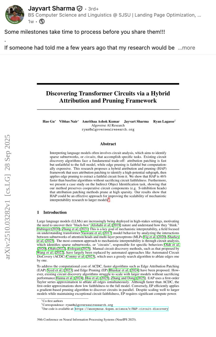 Jayvart Sharma - NeurIPS 2025 paper on LinkedIn