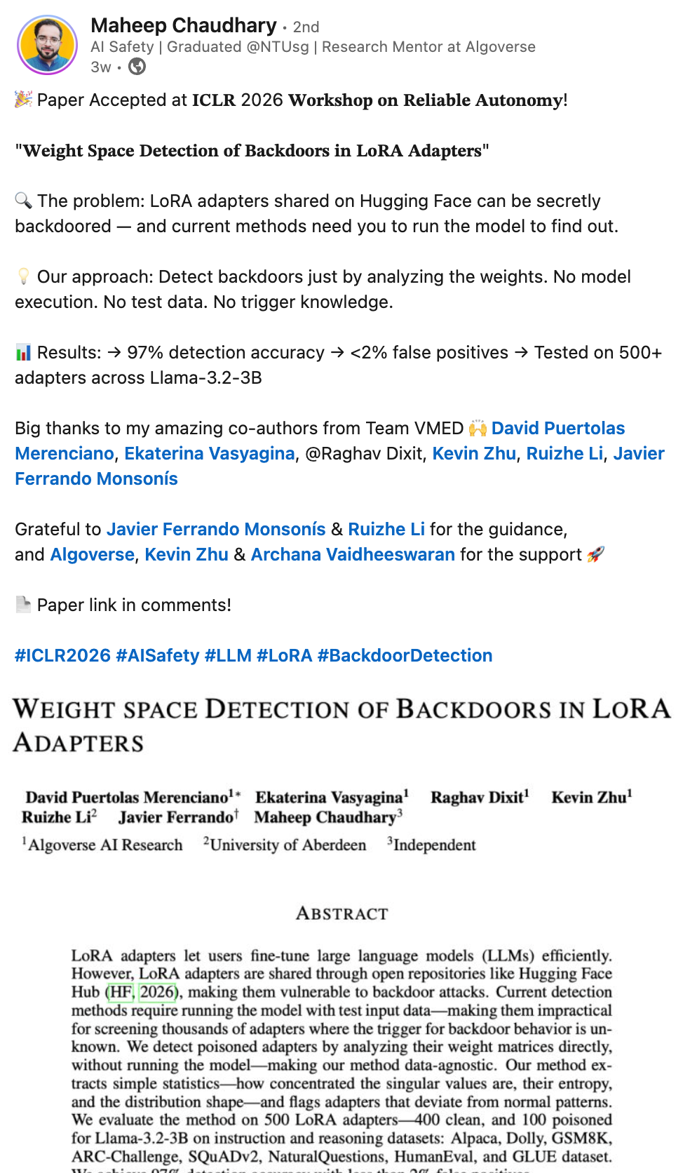 Maheep Chaudhary - research announcement on LinkedIn