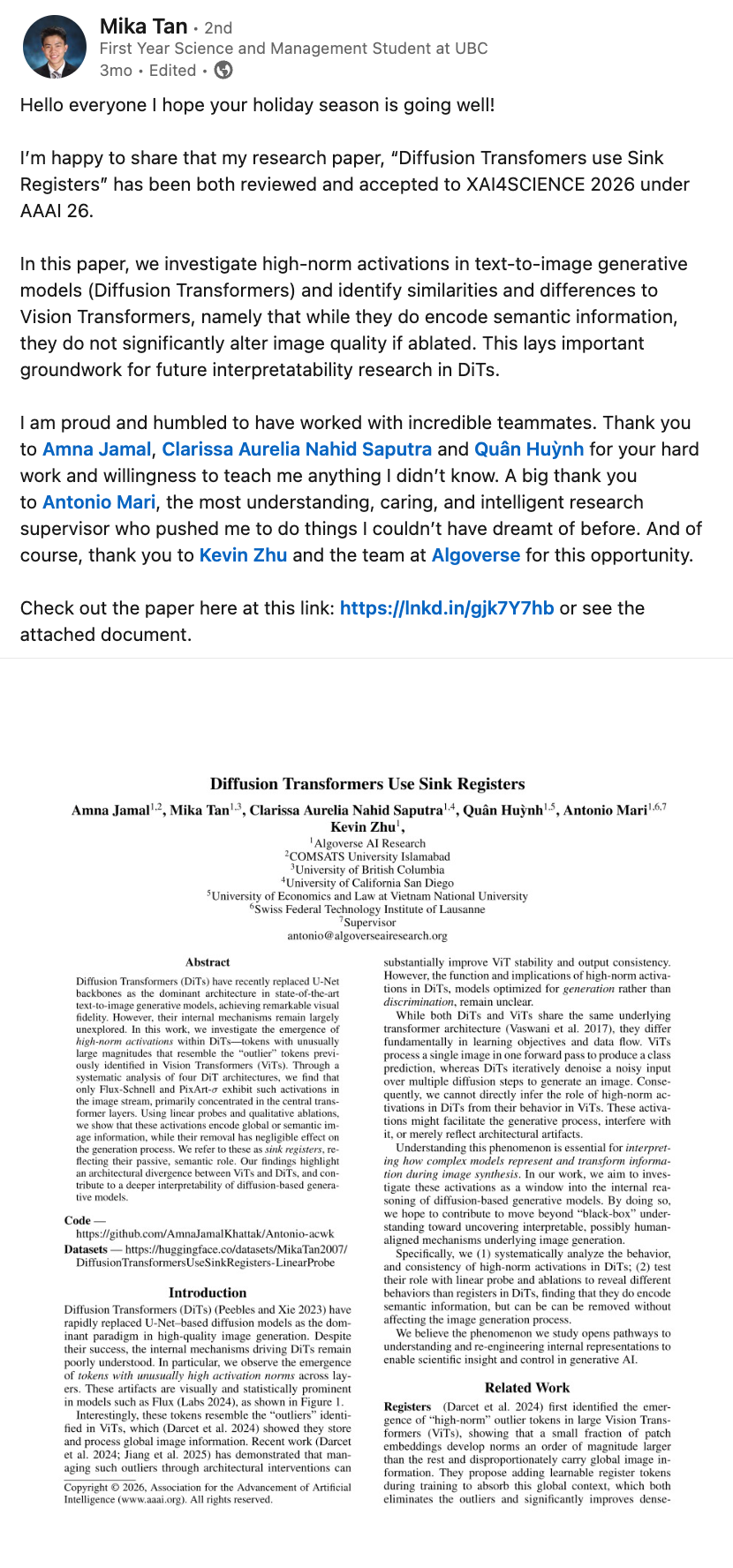 Mika Tan - AAAI 2026 XAI4Science paper on LinkedIn