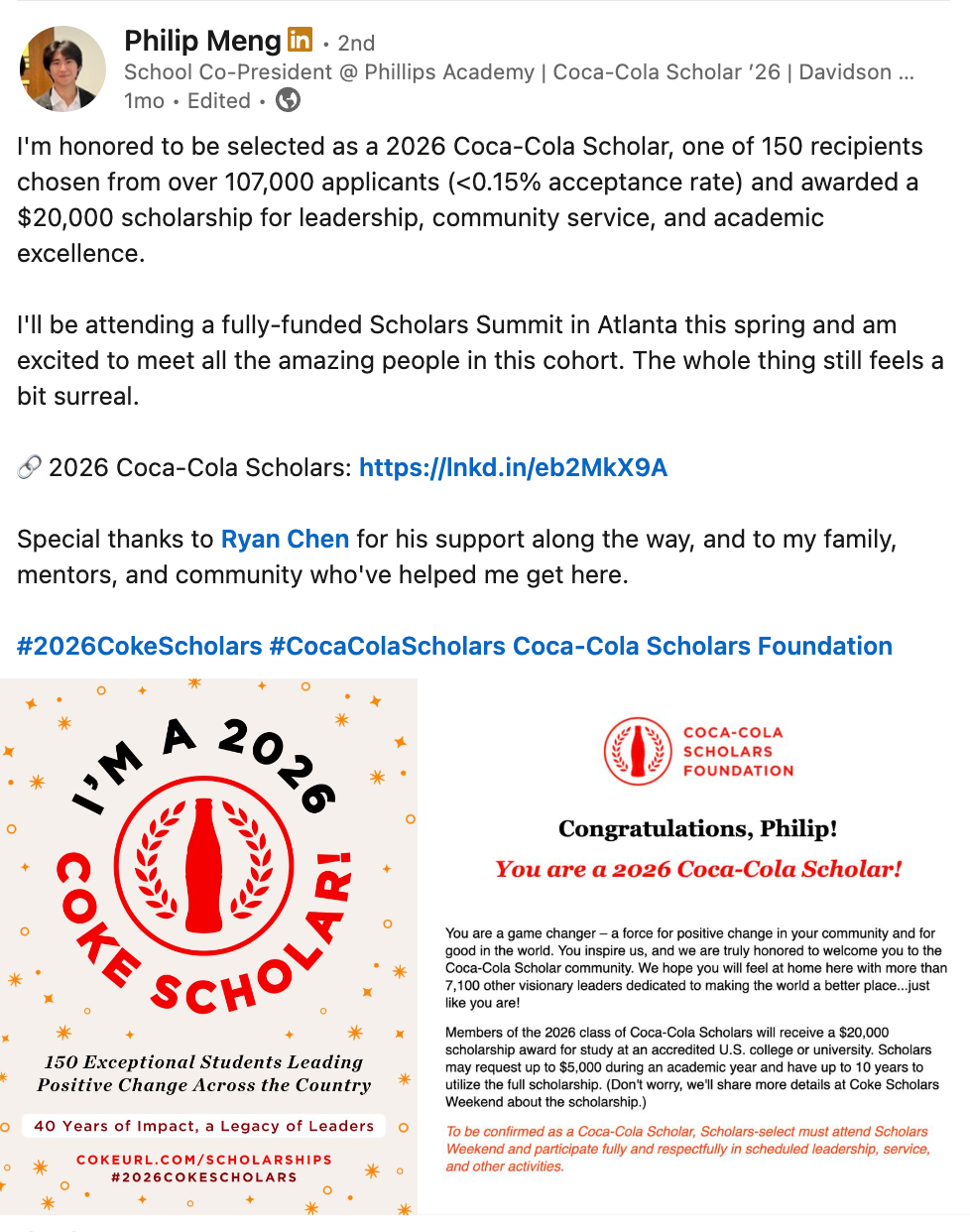 Philip Meng - 2026 Coca-Cola Scholar on LinkedIn