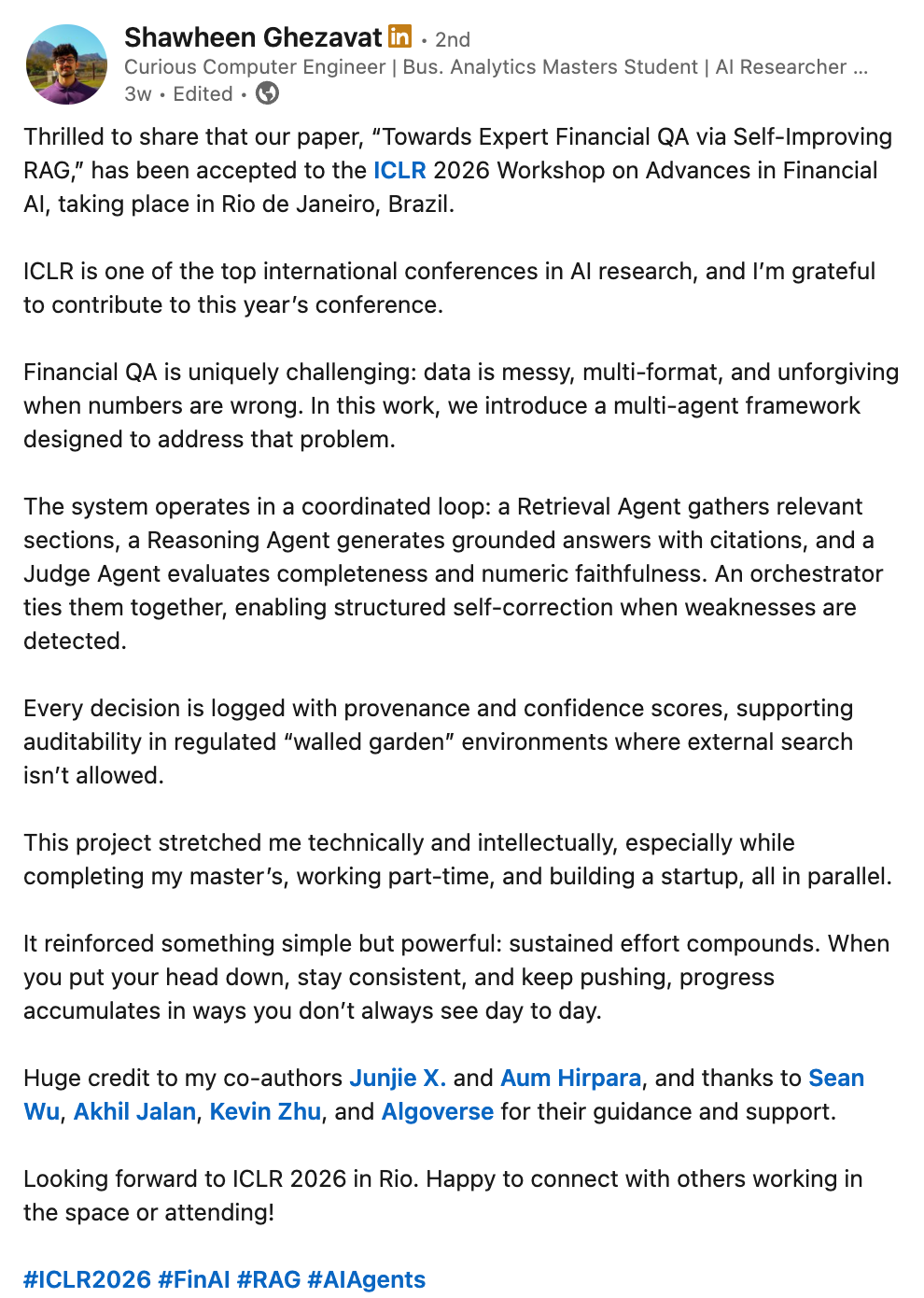 Shawheen Ghezavat - ICLR 2026 Financial AI Workshop paper on LinkedIn