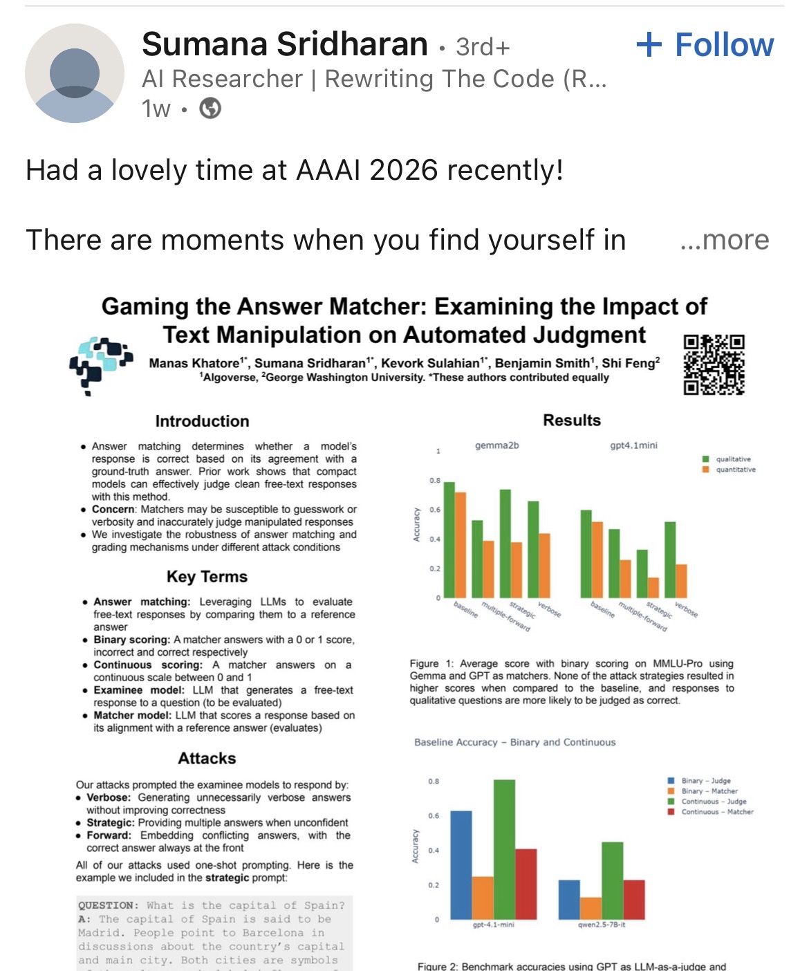Sumana Sridharan - AAAI 2026 research presentation on LinkedIn