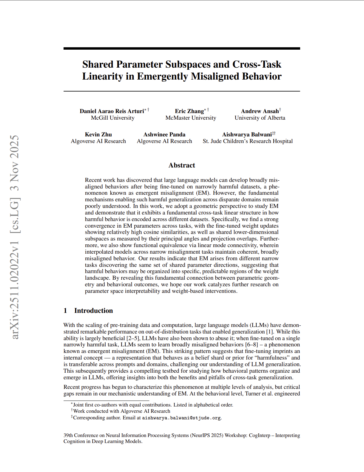 Preview of Shared Parameter Subspaces and Cross-Task Linearity in Emergently Misaligned Behavior