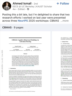 Ahmed Ismail - NeurIPS 2025 research presentation on LinkedIn