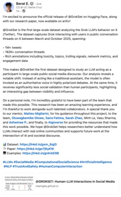 Berat E. - GrokSet dataset release on LinkedIn