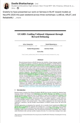 Doelle Bhattacharya - NeurIPS 2025 GUARD paper on LinkedIn