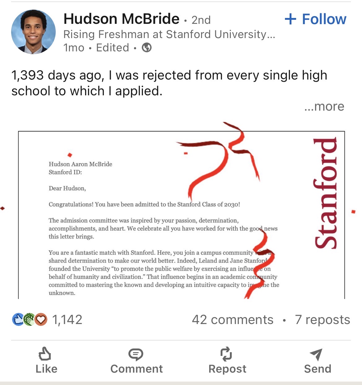 Hudson McBride - Stanford University acceptance announcement on LinkedIn