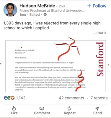 Hudson McBride - Stanford University acceptance announcement on LinkedIn