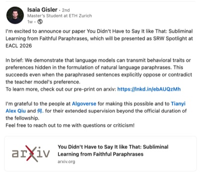 Isaia Gisler - EACL 2026 SRW Spotlight paper on LinkedIn